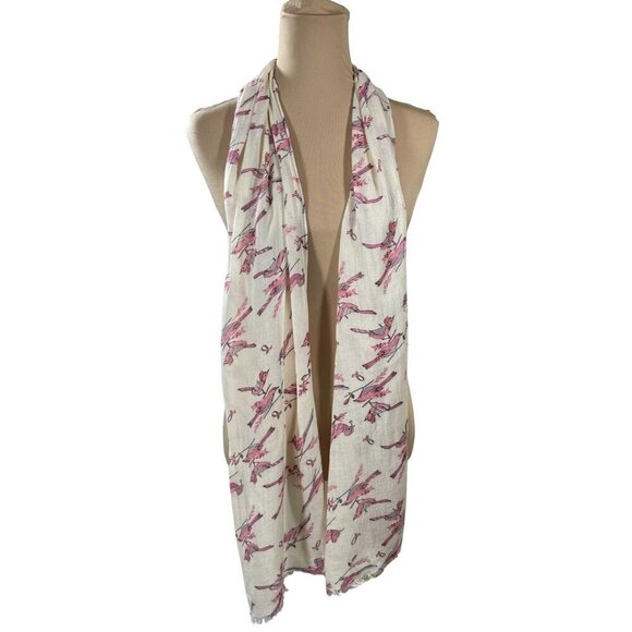 Lauren Conrad Lightweight Scarf Pink Cream Birds Fringe One Size - Picture 1 of 4
